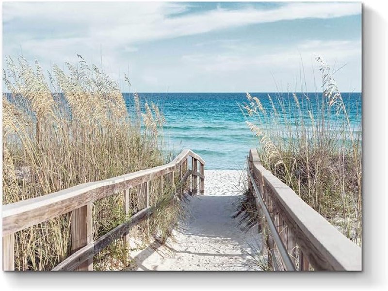 TAR TAR STUDIO Beach Artwork Seascape Wall Art: Seaside Painting Fence Pathway Picture Print on Wrapped Canvas for Living Room (24''W x 18''H, Multiple Sizes)