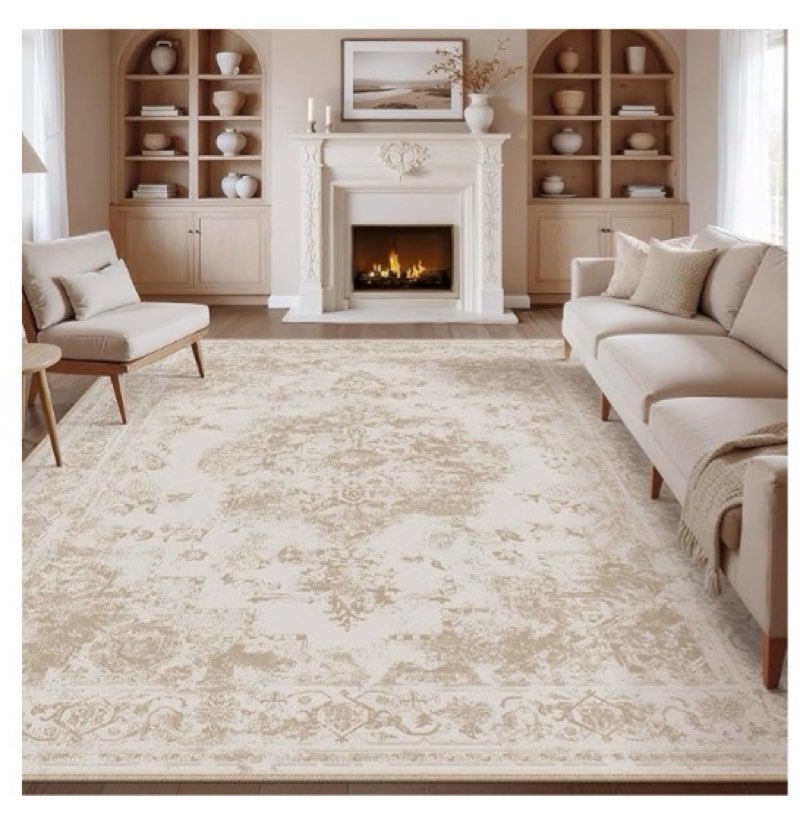 WondRg 8x10 Washable Area Rug Beige Neutral Carpet for Living Room Bedroom Large Distressed Vintage Low Pile Soft Non-Slip Thin Throw Rug for Dining Room Office Kitchen Indoor