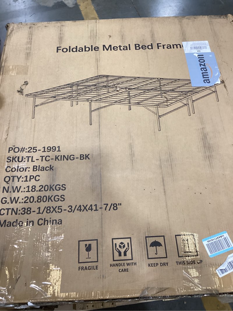 Condition photo showing As Is for amazon basics bed frame with storage, foldable metal platform, sturdy steel, no box spring needed, 14 inches high, tool-free setup, full size, black full 14 inch ( foldable)