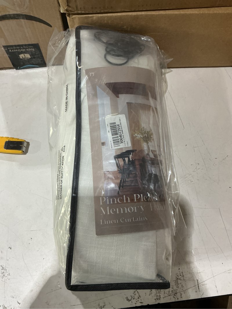 Condition photo showing New/Like New for 90 inches long linen curtains 60 inch width pinch pleated 90 inch length for living room bedroom ivory off white semi sheer back tab hooks rings pinch pleat curtains for patio glass door 1 panel beige white 60"w x 90"l (pack of 1)