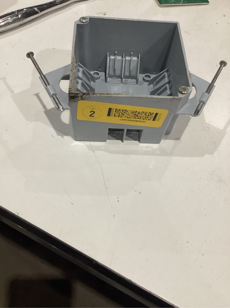 Condition photo showing As Is for 1-gang pvc new work outlet box,18 cubic inch switch box,gray new work electrical nail outlet box,etl listed to ul514c and ul263,awg for 9/14,8/12,7/10(1pack) 1 gang gray 1