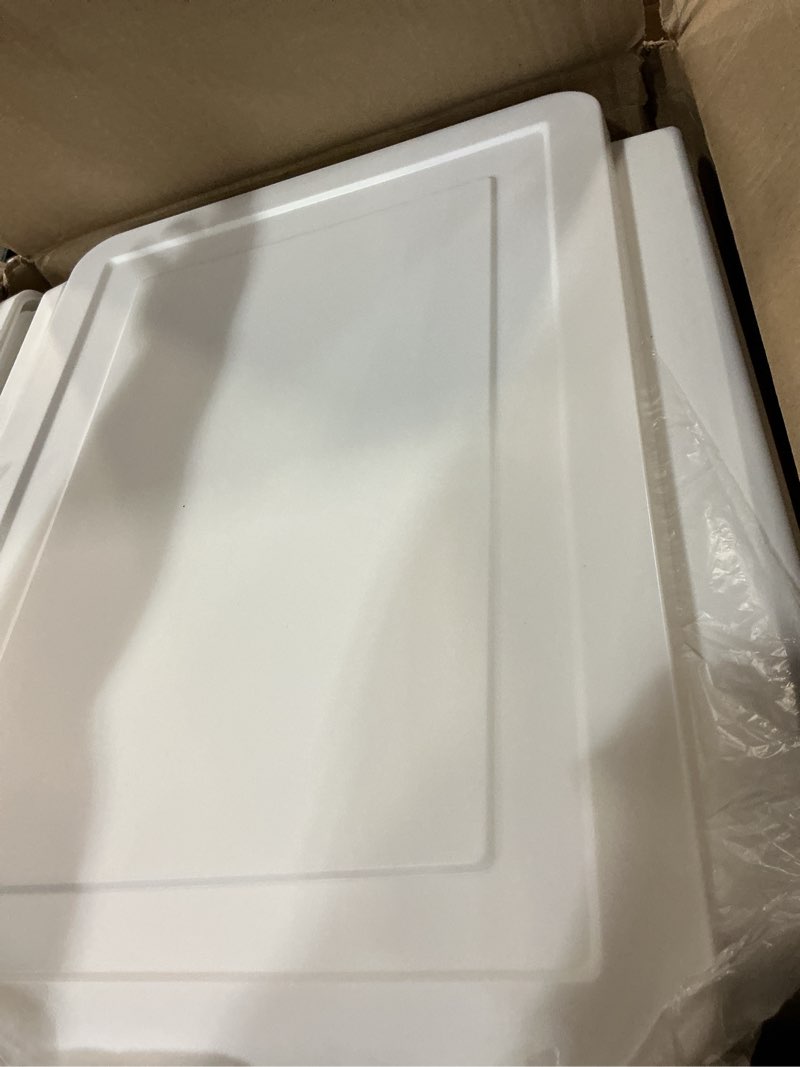 Condition photo showing As Is for lawei 4 pack plastic storage bins with lid, white stackable storage basket organizer box, sturdy containers organizing lidded bins for shelves, cabinet, desk, pantry, bedroom, book, toys