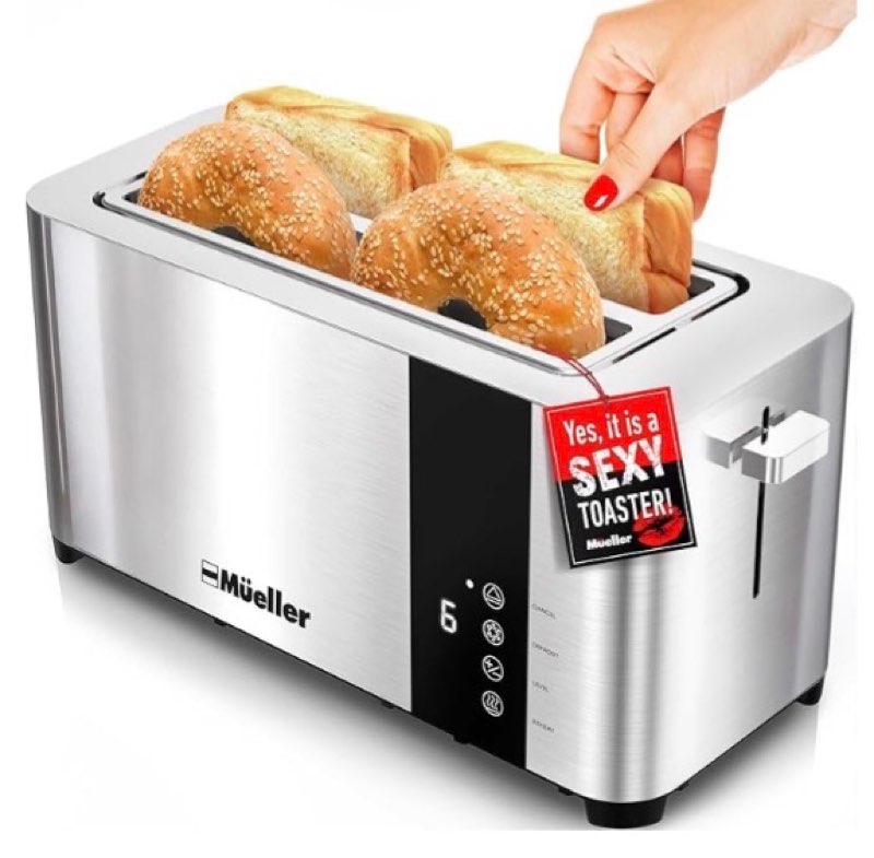 Mueller UltraToast Full Stainless Steel Toaster 4 Slice, Long Extra-Wide Slots for Bagels and Waffles, 6 Browning Levels, LED Display, Cancel/Defrost/Reheat Functions & Removable Tray, Kitchen Gadgets
