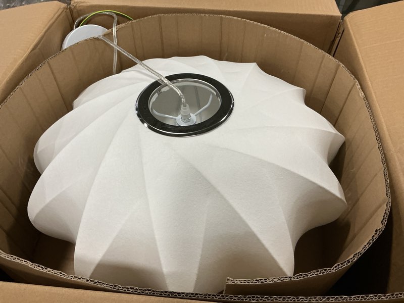 Condition photo showing Good Condition for 19.7in Lantern Pendant Light, 3-Light Imitation Silk White Bubble Pendant Lighting Fixture, Hanging Lamp Simple Chandelier for Living Dinning Room Kitchen Island Bedroom Restaurant Cafe White 19.7in