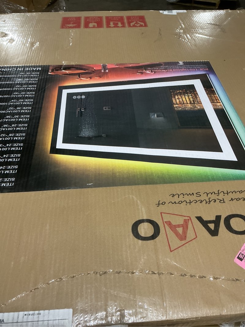 Condition photo showing Good Condition for LOAAO 40”X38“ RGB LED Bathroom Mirror with Lights, Large, Anti-Fog, Dimmable Smart Lighted Bathroom Vanity Mirror, Multiple Light Modes, RGB Backlit + Front Light, Memory Function, Tempered Glass Rgb 40"L x 38"W