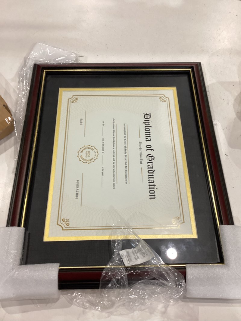 Condition photo showing As Is for graduationmall 8.5x11 diploma frame with black over gold mat or display 11x14 certificate without mat,solid wood & tempered glass,cherry finish with gold trim cherry with gold trim 11x14 or 8.5x11 with mat