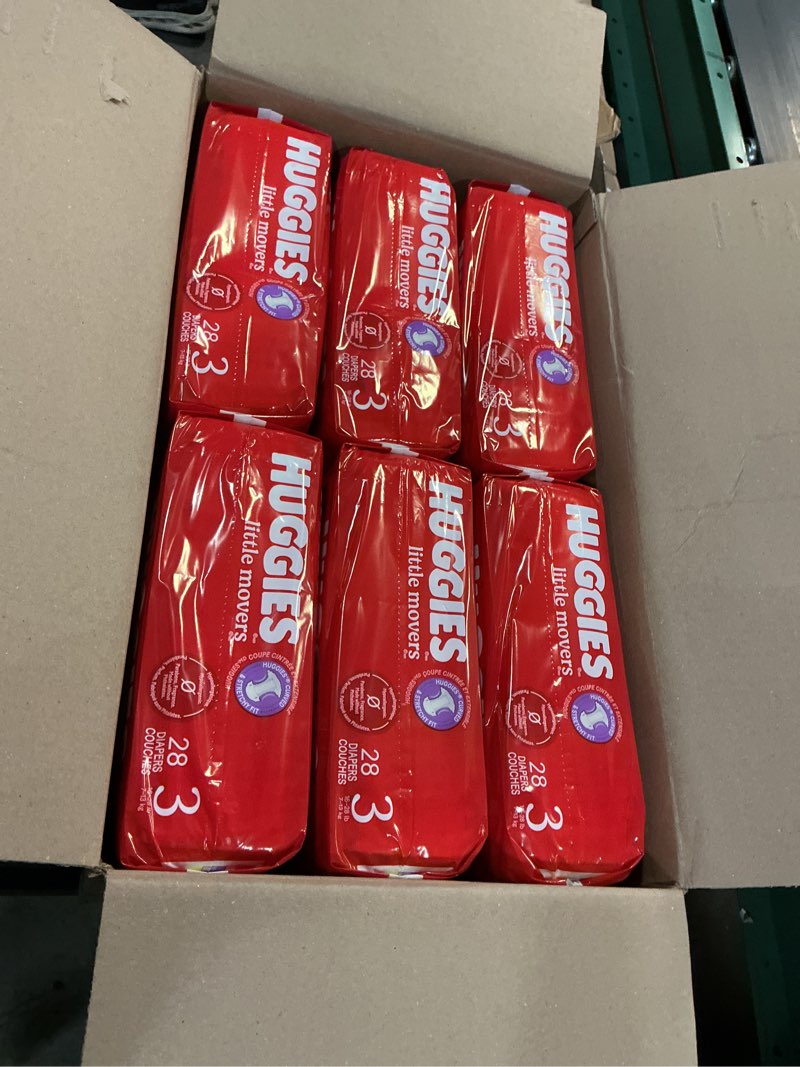 Condition photo showing New/Like New for huggies size 3 diapers, little movers baby diapers, size 3 (16-28 lbs), 168 count (6 packs of 28), packaging may vary