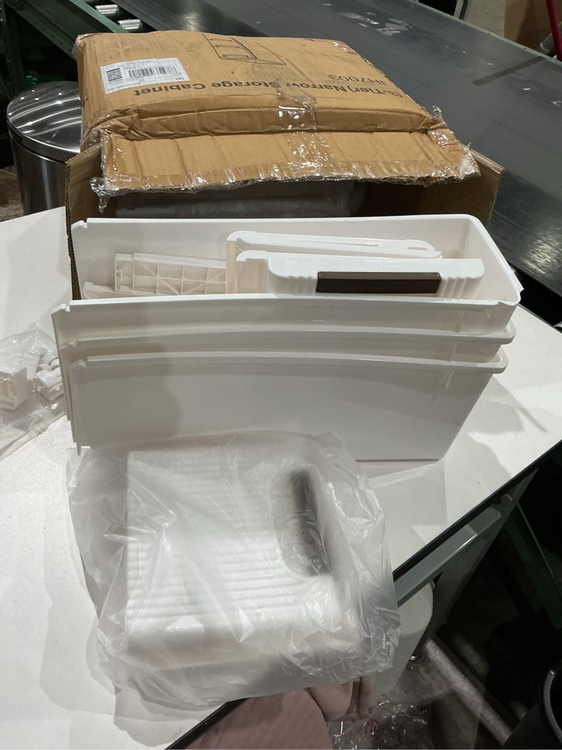 Condition photo showing As Is for 3 drawers narrow storage cabinet, slim bathroom storage cabinet, plastic rolling cart organizer for small spaces, laundry, office, home, white white 3 drawer