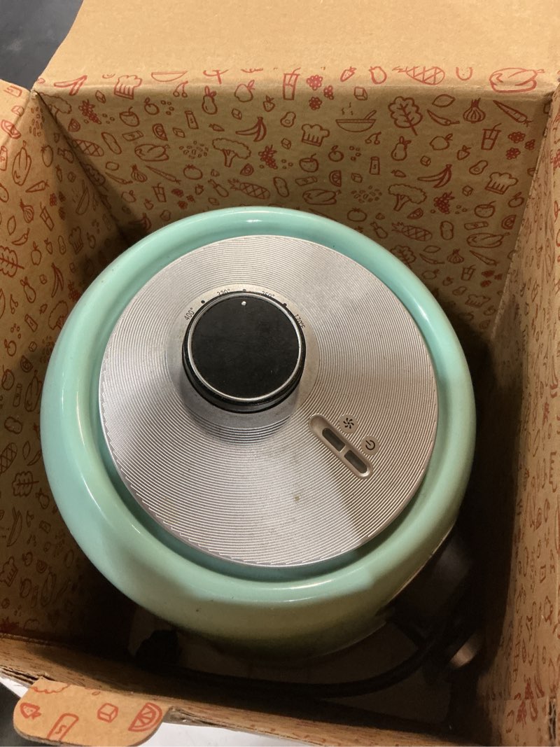 Condition photo showing As Is for dash compact air fryer - healthy cooking with auto shut-off feature, adjustable temperature control & nonstick fry basket - has aircrisp® technology - 2 quart - aqua aqua air fryer