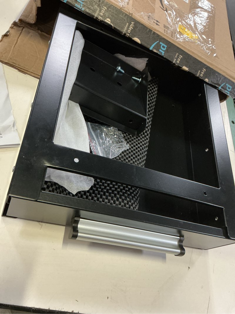 Condition photo showing As Is for unitedpower under desk drawer storage, pull-out office hidden counter drawer, metal sliding organizer mount below table, optional bracket height, black heavy duty table drawer