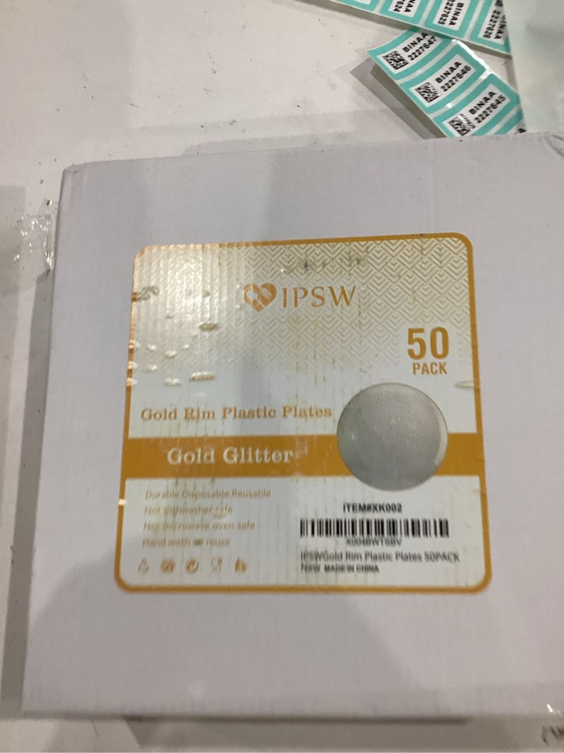 Condition photo showing New/Like New for 50pack Hammered Plastic Plates with Gold Rim - Round Gold Glitter Disposable Plates, Elegant Party Heavy Duty Plates Dishes for Wedding, Bridal Shower, Birthday