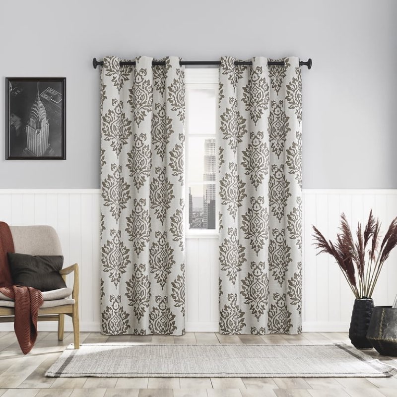 sun zero arlo 2-piece textured thermal insulated room darkening grommet curtain panel pair, brown damask, 40"w x 84"l