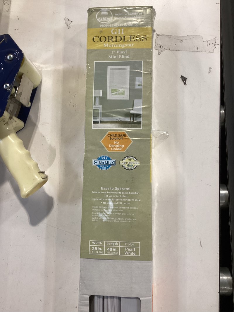 Condition photo showing New/Like New for aluminum mini blinds for windows cordless horizontal window shades for light adjustment, metal venetian blinds waterproof for bedroom, bathroom, 27" w x 48" h, white white 27"w x 48"h