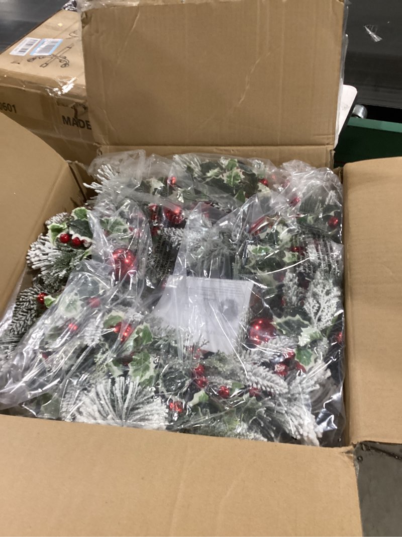 Condition photo showing Good Condition for 24 Inch Lighted Christmas Wreath Dog Sign Wreath with Snow Flocked Cedar Branches Pine Needles Red Ornaments Berries and Timer Christmas Décor Holiday Hanging Decoration for Door Wall Mantel