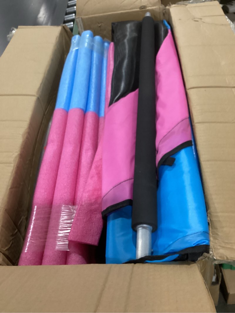 Condition photo showing New/Like New for 60" toddler trampoline for kids, 5ft adjustable trampoline indoor outdoor with enclosur net, mini trampoline for kids 3-10, 880lbs capacity, adjustable gymnastics bar, basketball hoop, swing pink/blue