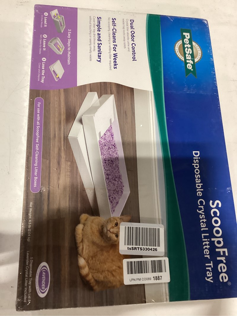 Condition photo showing New/Like New for petsafe scoopfree crystal cat litter & refill tray with lid, lavender scent, 4.3 lb bag with tray 1-pack lavender