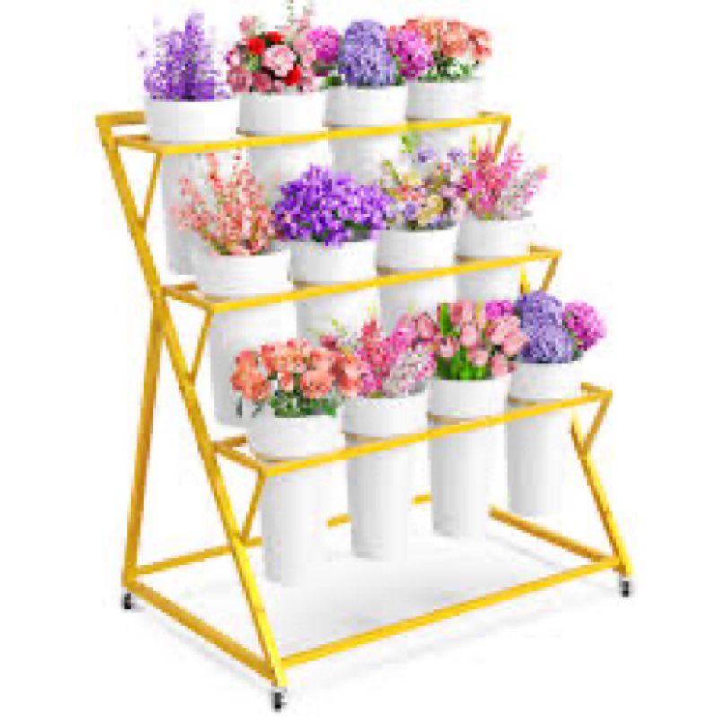VGMiu Flower Display Stand with 12 Buckets, Gold Flower Cart with Wheels 3 Layers Metal Flower Bar S