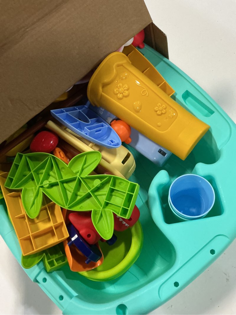Condition photo showing Good Condition for 2027 upgraded 4-in-1 sand water table for toddlers 1-3, kids sensory table with electric water pump & elephant faucet, play kitchen sink with food accessories, fishing toy (blue)