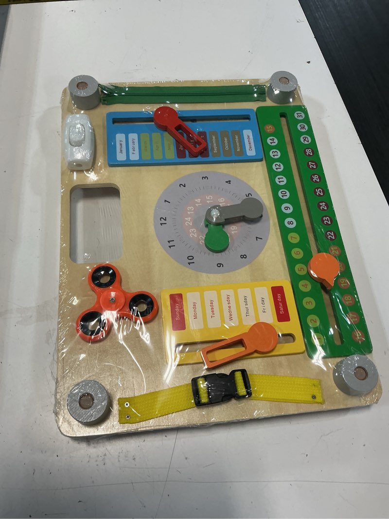 Condition photo showing Good Condition for montessori busy board for toddlers 1+, large wooden sensory board with 20+ learning activities, fine motor toy, double-sided travel busy board for preschool boys & girls