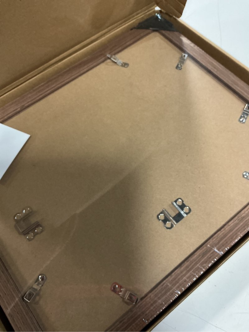 Condition photo showing New/Like New for 11x14 poster frame, display pictures 8x10 with mat or 11x14 without, wall hanging frames, rustic brown, 3 pack brown 11x14