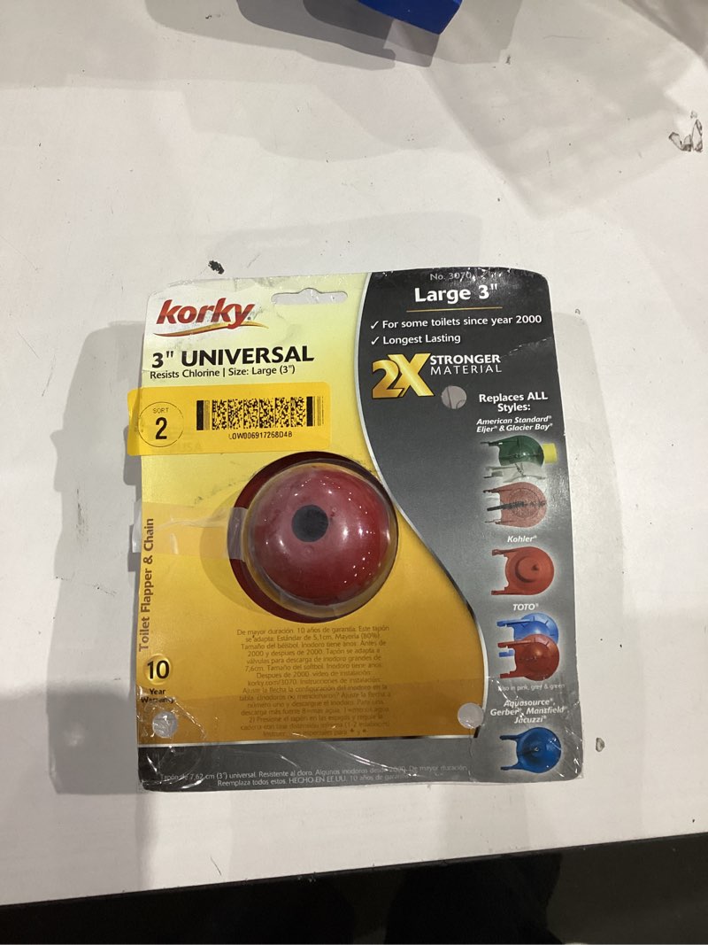 Condition photo showing As Is for korky 3070bp large 3" 2x high performance universal toilet flapper, red 3 in.