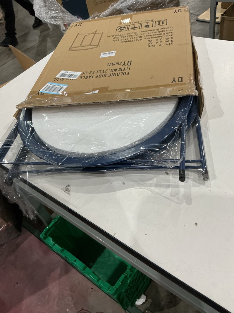 Condition photo showing Good Condition for garden 4 you end table 2 pcs metal side table dark blue round folding tray cyan sofa small accent fold-able table, round end table tray, next to sofa table, snack table for living room and bed room