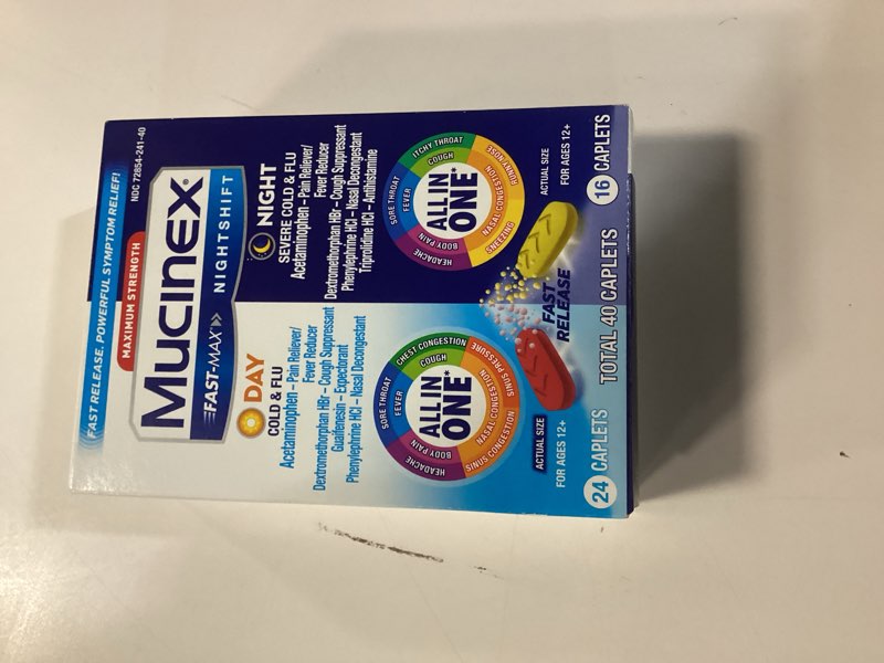 Condition photo showing New/Like New for (Exp.Date 03/2026) Mucinex Fast-Max Day Cold and Flu & Nightshift Night Severe-Cold and Flu Medicine for Adults,Day/Night Combo for Fever,Sore Throat Relief,Decongestant, Cough & Cold Medicines,40 Caplets,(Pack of 2) Old Formulation 40 Count (Pack of 2)
