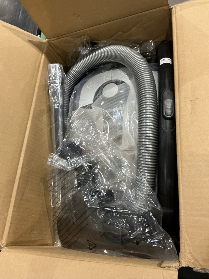 Condition photo showing As Is for aspiron canister vacuum, 1600w/40kpa canister bagged vacuum, 4qt dust bag, h13 hepa filter, 5 tools, pet-friendly,variable power control,for carpets, hardwood floors, stairs, pet hair, household blue