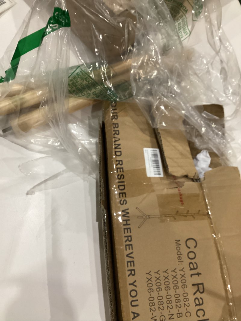 Condition photo showing As Is for Haddockway Wooden Coat Rack Stand with 8 Hooks New Zealand Pine 3 Adjustable Coat Standing Tree Easy Assembly for Coats, Hats, Scarves and Handbags for Entryway, Hallway, Bedroom, Office Natural 1 PC