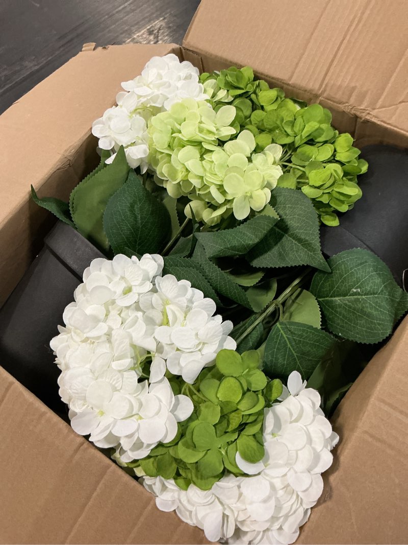 Condition photo showing Good Condition for 2 pack potted artificial flowers for outdoors - 16’’ pre-assembly fake potted silk hydrangeas uv resistant potted plant for outside home front door patio balcony decor - mixed green