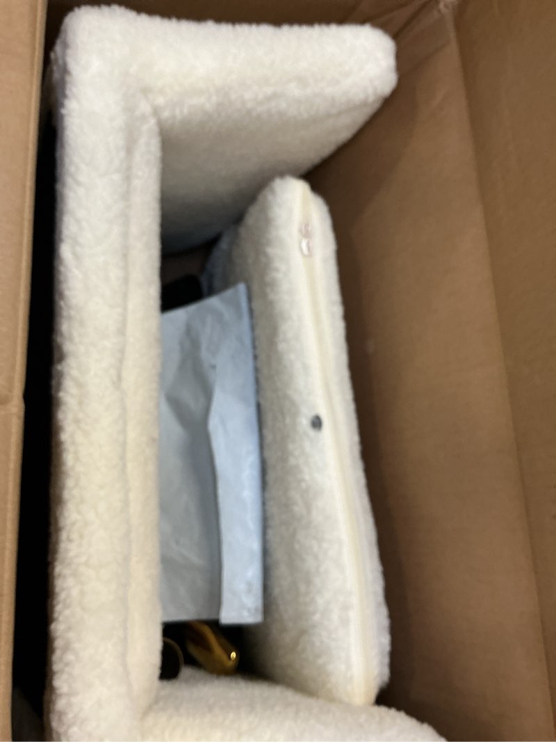 Condition photo showing As Is for KCC Faux Fur Office Desk Chair, Comfy Swivel Armchair with Wheels, Upholstered Fuzzy Vanity Chair, Adjustable Height, White White++golden Base