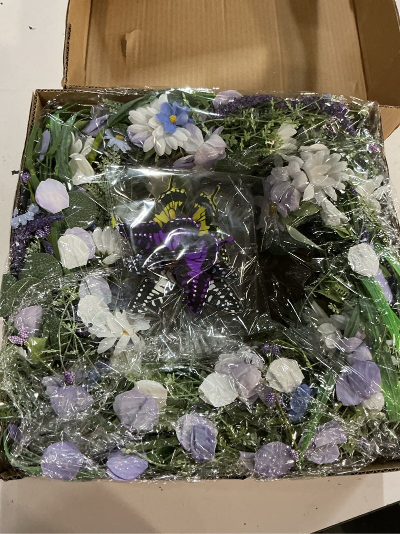 Condition photo showing Good Condition for 24 inch spring wreath for front door, artificial summer wreath with daisy lavender and green eucalyptus leaves, large flower wreath with fake butterflies for indoor outdoor home festival decor