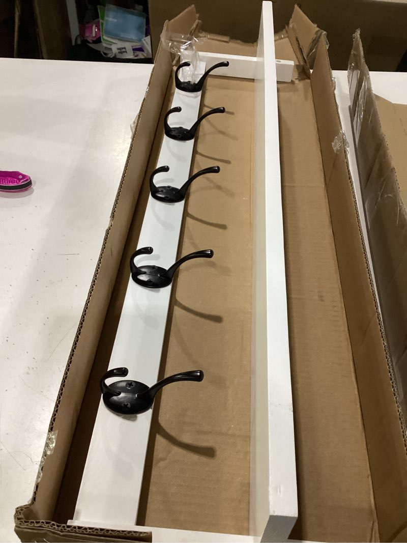 Condition photo showing Good Condition for homode wall shelf with hooks, coat rack wall mount with pegs, hanging entryway coat hanger, wood and iron shelf for bathroom, hallway, bedroom, white white 17.1 inch long