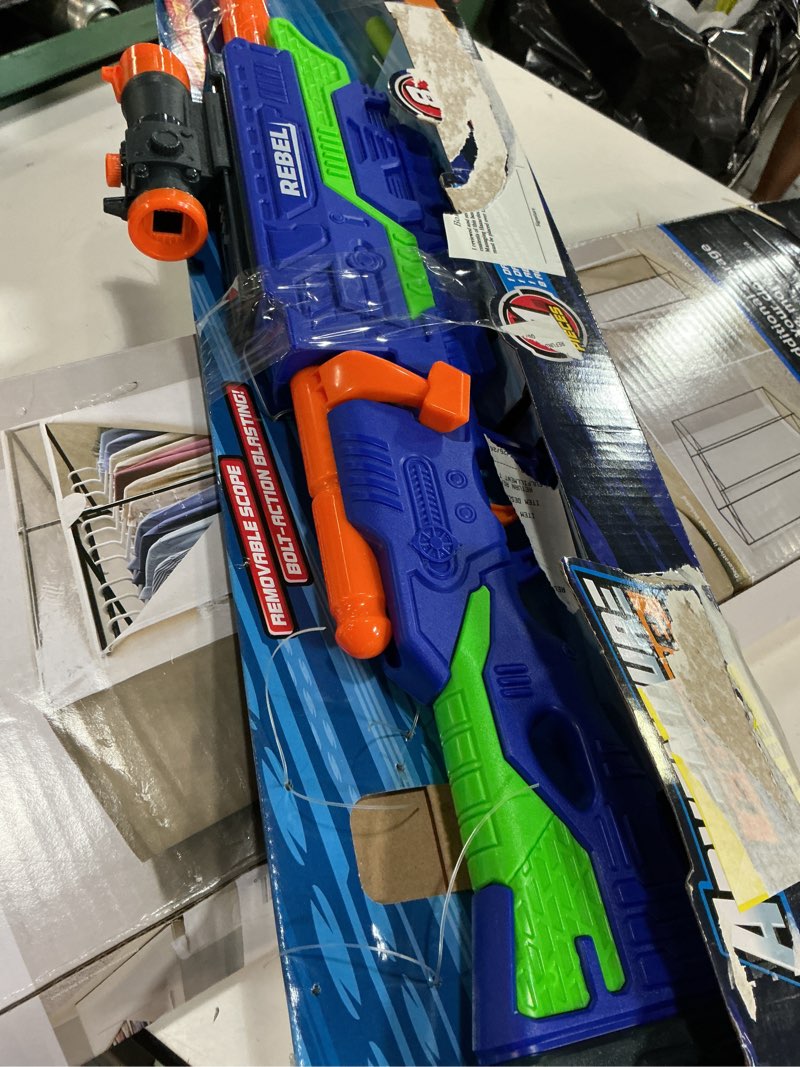 Condition photo showing As Is for adventure force rebel foam dart blaster set, bolt-action clip-fed design, 1 blaster with 8 accu-blast darts, clip and detachable scope, compatible with most standard nerf blasters, ages 8+