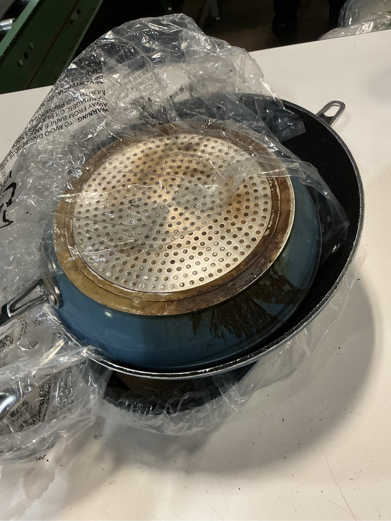 Condition photo showing As Is for nuwave 2-piece fry pan set, 8”, 10”, 12” forged lightweight, g10 healthy duralon blue ceramic ultra non-stick, induction-ready & works on all cooktops, ergonomic stay-cool handles 2 pc cozy blue