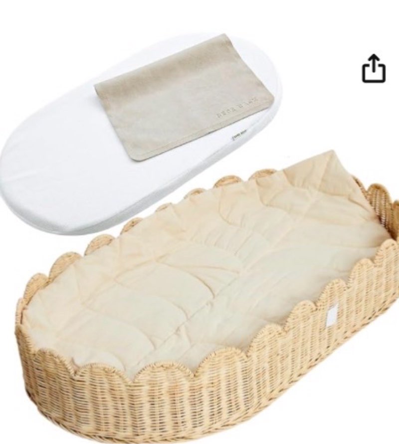 bebe bask premium baby changing basket - artisan-crafted scalloped rattan - changing basket for baby dresser - all accessories included - complete set for nursery (natural)