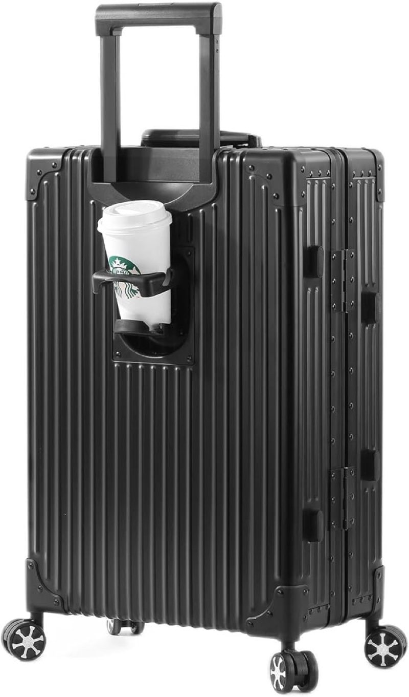 All Aluminum Luggage with Cup Holder TSA Lock, no zipper mvst luggage, Airline Approved Hardside Suitcase with Spinner Wheels(24-lnch) (BLACK)