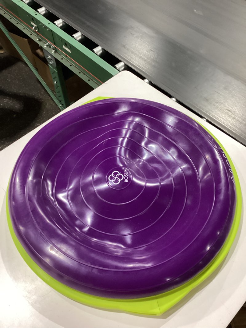 Condition photo showing As Is for bosu balance ball exercise trainer, home gym equipment w/guided workouts & pump, 26" inflatable fitness platform for strength training, standing, balancing, and core workout purple/lime green