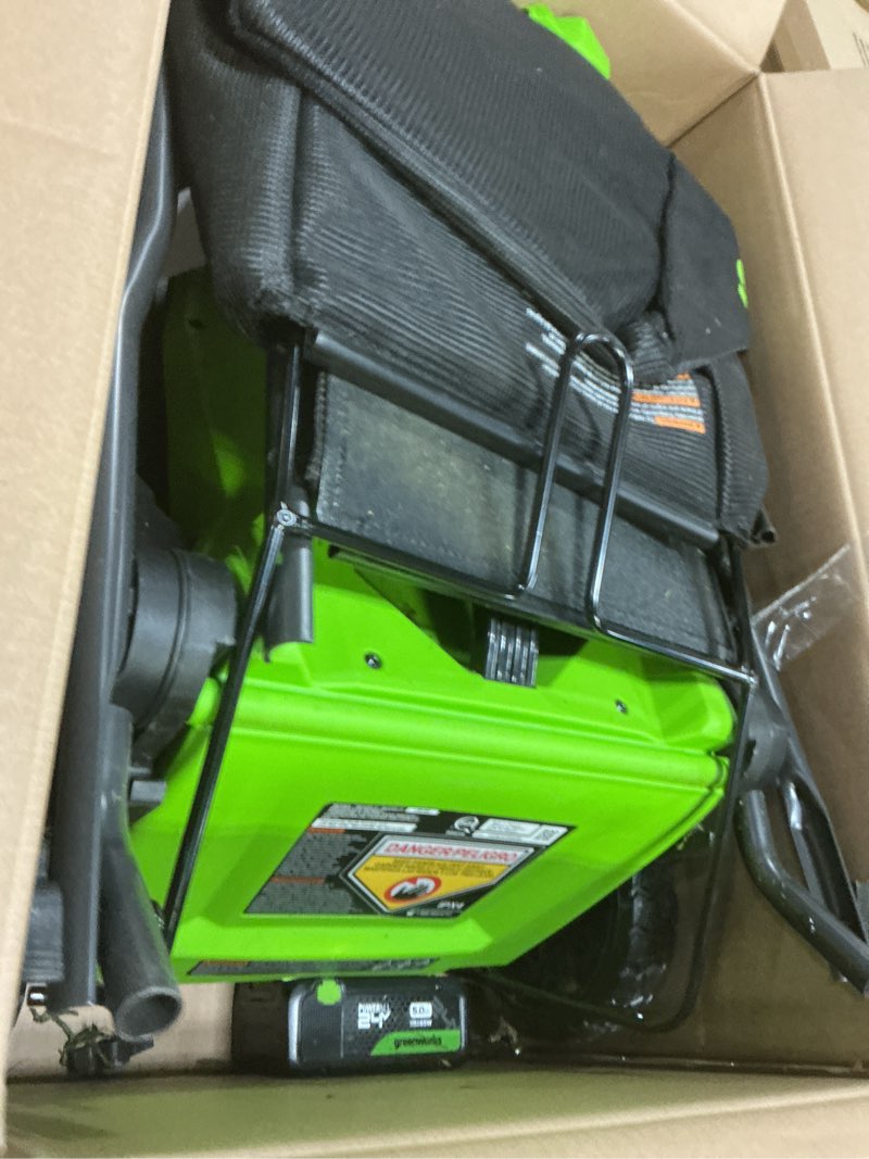 Condition photo showing As Is for greenworks 24v 14? brushless cordless lawn mower kit with 5.0ah usb-c battery & 65w type-c charger 14" (5.0ah)