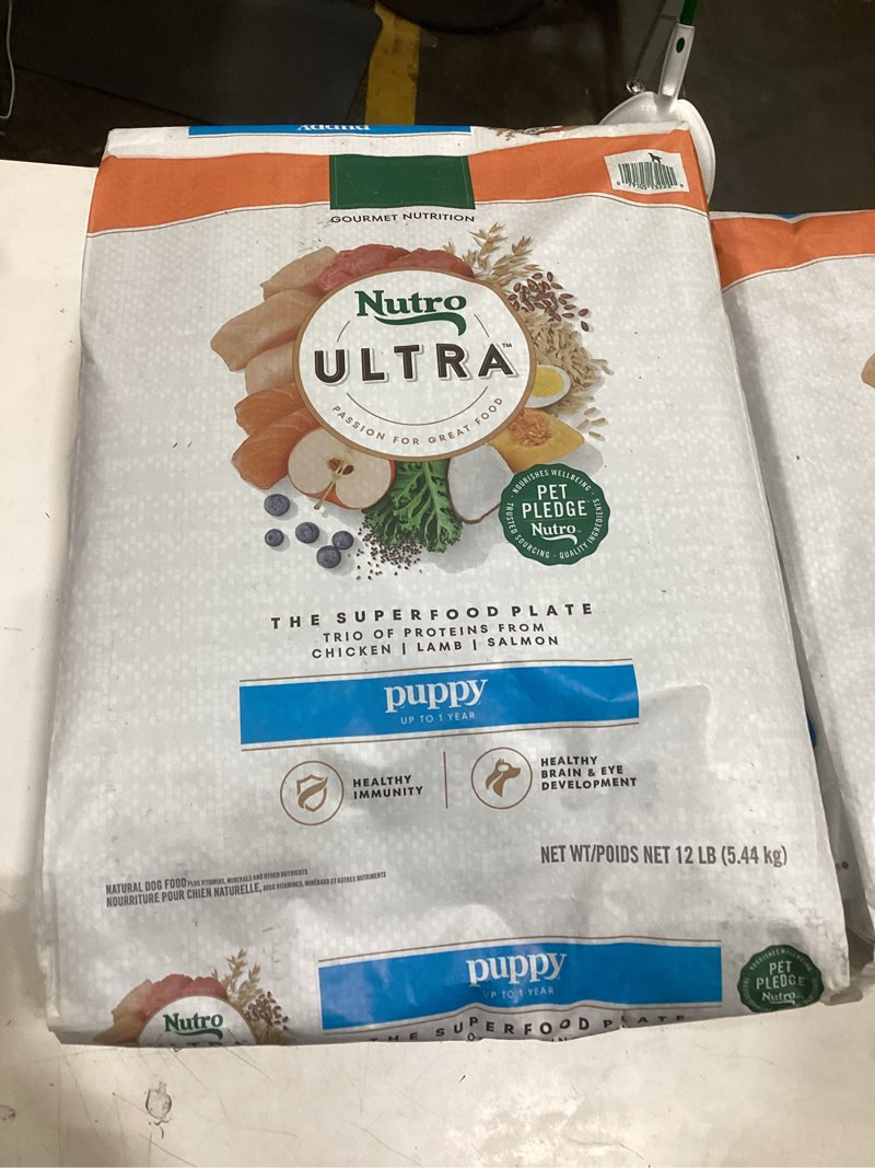 Condition photo showing New/Like New for nutro ultra high protein natural dry dog puppy food with a trio of proteins from chicken lamb and salmon, 12 lb. bag
