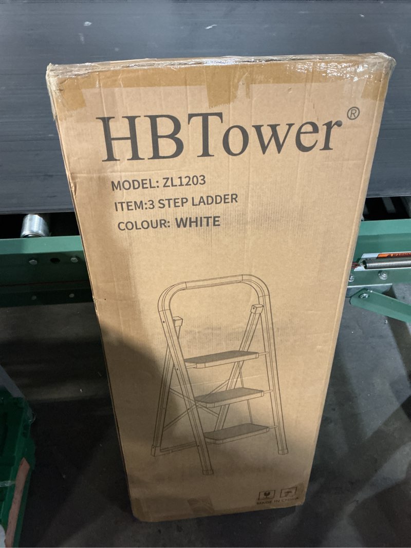 Condition photo showing New/Like New for hbtower step ladder folding step stool for adults with anti-slip pedal,330 lbs capacity for kitchen, home,white 3 step ladder white
