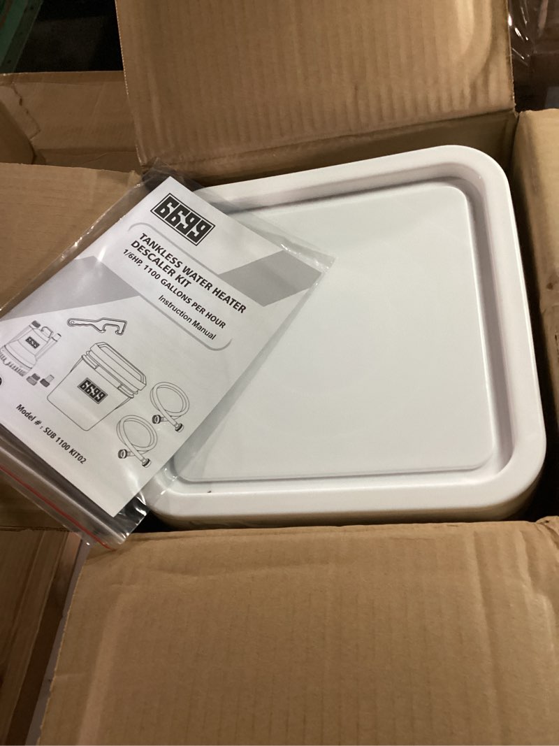Condition photo showing New/Like New for Tankless Water Heater Flushing Kit Includes 1/6HP Submersible Sump Pump with Two Adapters & 3 Gallons Pail with Bucket Lid Opener & Two 1/2” Dia X 6’ PVC Hoses with Washers 0.17 Horsepower