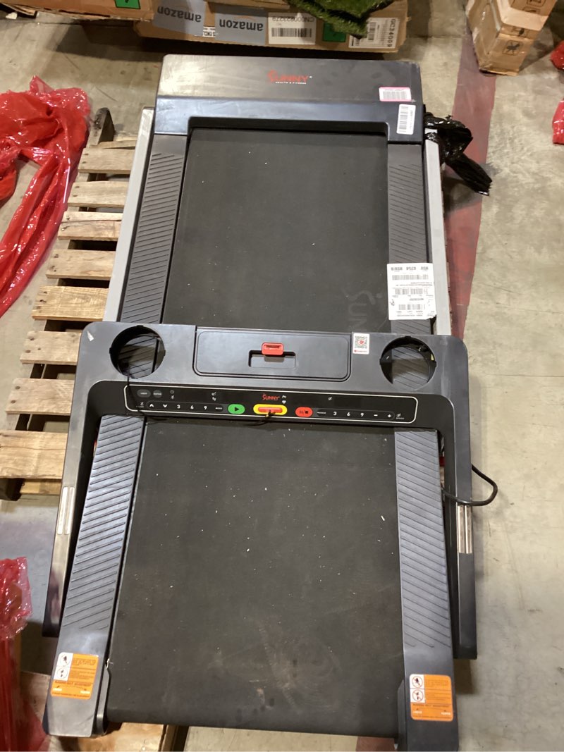 Condition photo showing As Is for sunny health & fitness smart auto incline one click foldable treadmill, fully assembled, 15 incline levels, 20" wide shock absorption belt, quiet brushless motor, sunnyfit app via bluetooth access dark grey