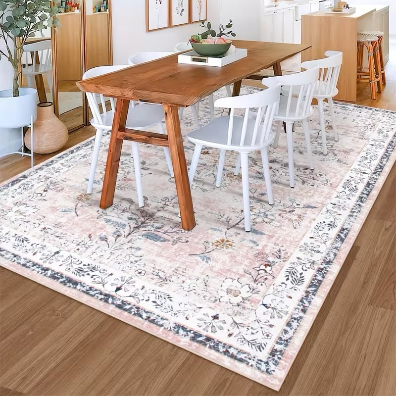 washable rugs for living room, boho area rugs pink nursery rug for girls room, soft non-shedding boho living room rugs, low-pile floral rug oriental pink carpet for dining room 