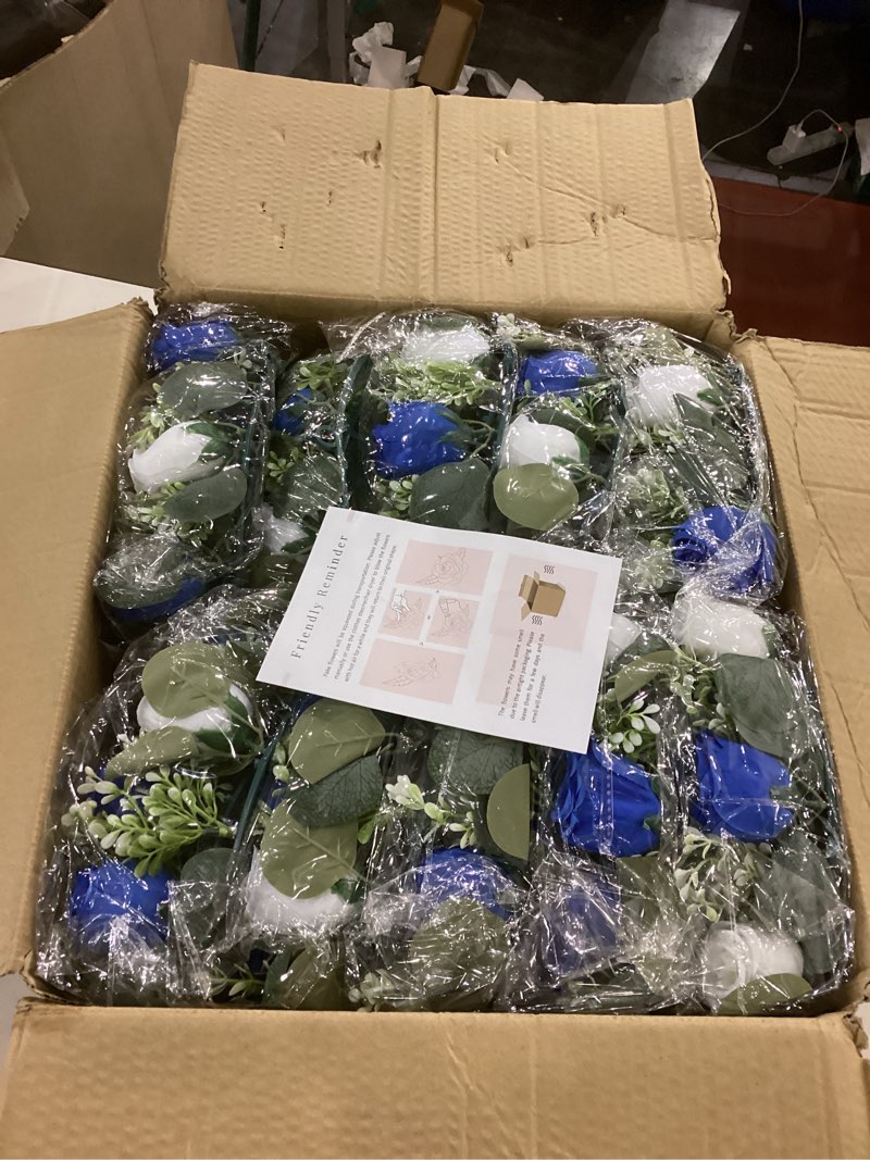 Condition photo showing New/Like New for NUPTIO Flower Wedding Centerpieces for Tables: 10 Pcs 14 inch Diam Large Royal Blue & White Artificial Flowers Fake Roses Candle Rings Wreaths Spring Summer Wreath for Front Door Weddings Party Dia 14"-10pcs Royal Blue & White
