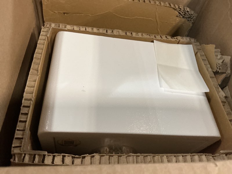Condition photo showing As Is for tigerking 1.2 cu ft small safe box, white security safe with digital keypad, 2-bolt anti-theft locking bolts, removable shelf, easy setup for closet, apartment, dorm, home office lk-white