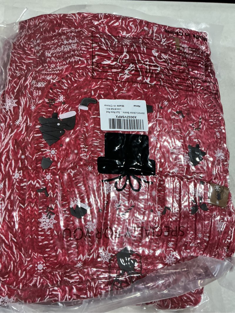 Condition photo showing New/Like New for Womens Winter Warm Beanie Hat Touchscreen Gloves Lone Neck Scarf Set with Fleece Lined Pom Skull Cap Gift for Women 3PCS Rose Red