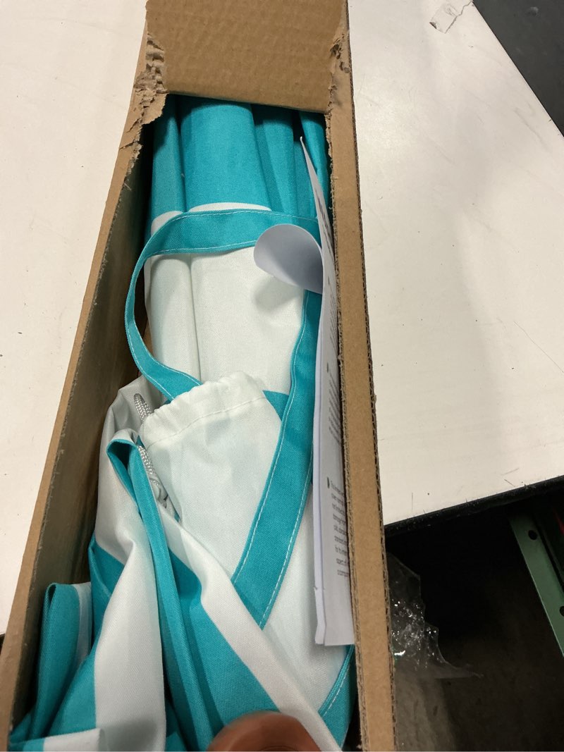 Condition photo showing Good Condition for areshark 7ft patio umbrella with fringe, upf50+ beach umbrella for table, pool & garden, portable outdoor tassels umbrella w/fiberglass ribs&push bottom tilt(blue and white stripe) blue and white stripe 7ft
