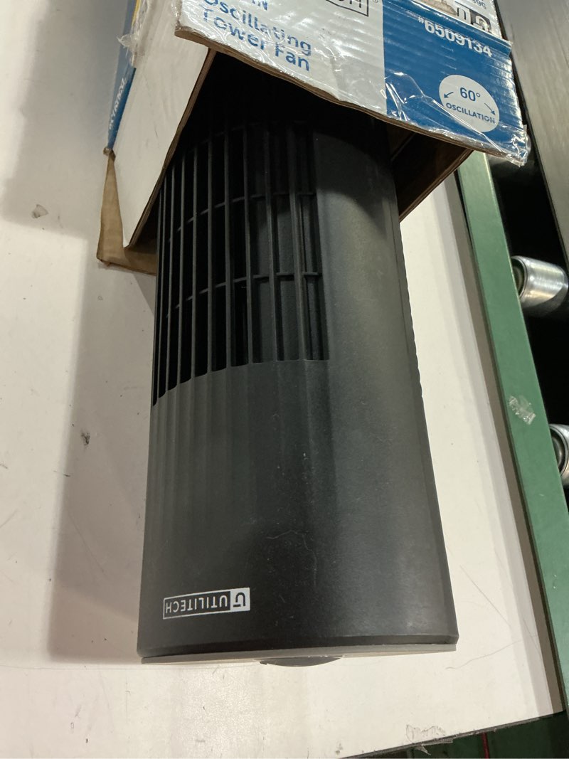 Condition photo showing As Is for utilitech 28-in 120 -volt 3 -speed indoor black/matte oscillating tower fan