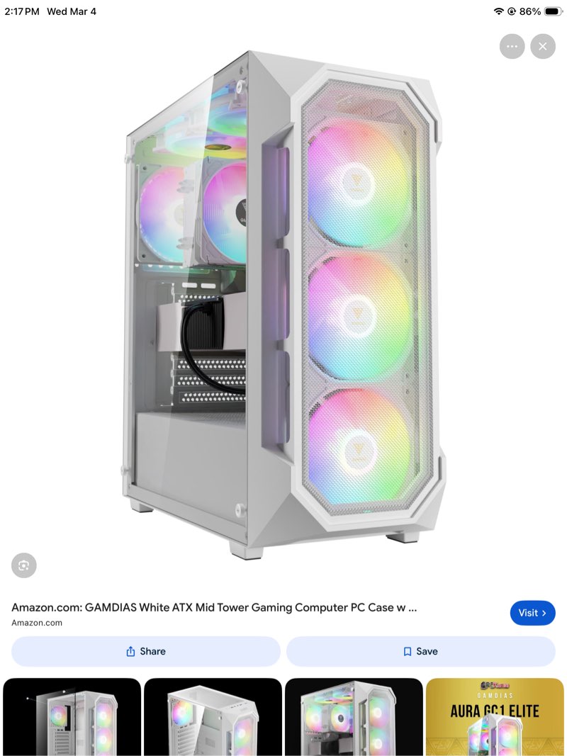 gamdias white atx mid tower gaming computer pc case w/tempered glass, built-in 4x 120mm argb fans, s